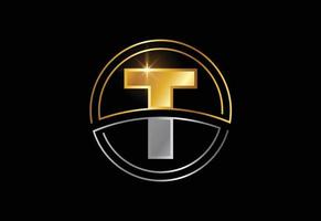 Initial letter T with circle frame. Golden and silver color alphabet symbol for corporate business identity vector