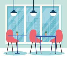 restaurant interior scene, tables with chairs furniture and lamps hanging vector