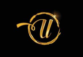 Golden color U hand-drawn letter in a brush circle on black background vector