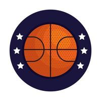 baloncesto, emblema, diseño con pelota de baloncesto, con estrellas en marco circular vector