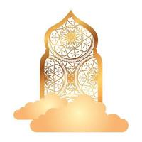 islamic arch with clouds golden, arabic ornamental traditional muslim vector
