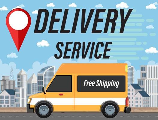 Delivery Service banner with panel van in the city