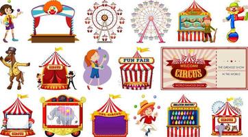 conjunto de personajes de circo y elementos del parque de atracciones. vector