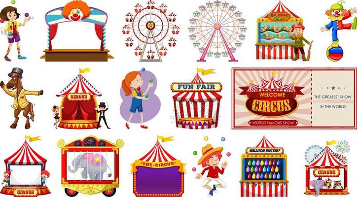 Set of circus characters and amusement park elements