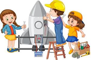 Los niños arreglando un cohete juntos sobre fondo blanco. vector