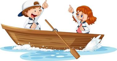 pareja de niños en bote de madera vector