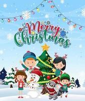 cartel de feliz navidad con niños y muñeco de nieve vector
