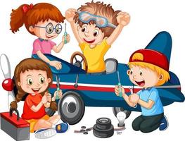 Children repairing a plane together vector