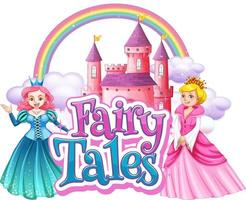 logotipo de palabras de cuentos de hadas con dos princesas en estilo de dibujos animados vector