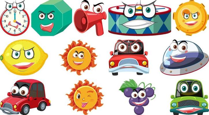 Set of different toy objects with smiley faces