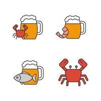 Beer seafood snacks color icons set. Ale with fish, shrimp, crab. Isolated vector illustrations