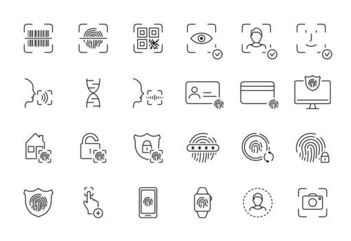 Recognition of Identity Line Icon. Set of Biometric Verification with Barcode, Qr Code, Fingerprint, Face Id, Voice Recognition, Password. Security System. Vector Illustration.