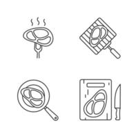 Meat preparation linear icons set. Grilling, frying and cutting meat steaks. Thin line contour symbols. Isolated vector outline illustrations