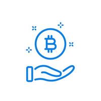Hand with a Coin Line Icon. Symbol Bitcoin. Payment and Transaction concept. Save and Invest Money Line Icon. Transfer Electronic Cryptocurrency pictogram. Vector illustration.