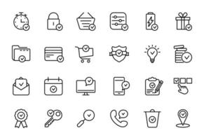 Set of Approve Line Icons. Check Marks, Ticks Linear Pictogram. Contains such Icons as Check List, Test, Award, Quality Control. Thin Line Design. Vector illustration