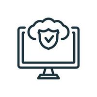 Cloud Protection Line Icon. Safety Cloud Computing Linear Pictogram. Private Data Protection Concept. Computer and Shield Outline Icon. Isolated Vector Illustration
