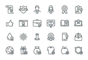 Quality Control and Check Mark Linear Icons Set. Food, Clothes, Water Certification Procedure, Inspection, Certification, Approval, Confirmation Icons. Vector illustration.