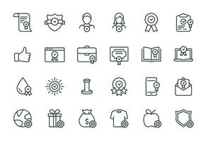 Quality Control and Check Mark Linear Icons Set. Food, Clothes, Water Certification Procedure, Inspection, Certification, Approval, Confirmation Icons. Vector illustration.