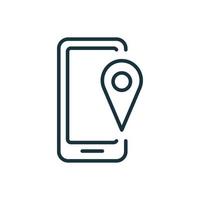 icono de línea de ubicación y navegación móvil. teléfono inteligente con marcador gps. navegación gps móvil y pin de seguimiento en el icono lineal de la pantalla. aplicación de seguimiento de ubicación en el dispositivo. ilustración vectorial vector