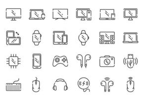 Set of Device Line Icon. Contain Laptop, Phone, Headphone, PC, Notebook, Digital Equipment. Wireless Smart Electronic Gadget Linear Icons. Device Pictogram. Vector Illustration.