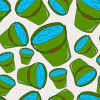 Cartoon doodle linear bucket with liquid seamless pattern. Household tool background. vector