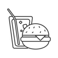 icono lineal de hamburguesa y refresco. ilustración de línea delgada. comida rápida. sándwich con limonada. símbolo de contorno dibujo vectorial aislado vector