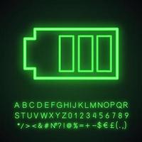 Battery charging neon light icon. Glowing sign with alphabet, numbers and symbols. Vector isolated illustration