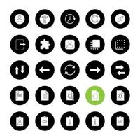 UI UX glyph icons set. System elements. Common actions symbols. Vector white silhouettes illustrations in black circles