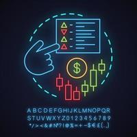 Trading neon light concept icon. Market access idea. Internet business. Glowing sign with alphabet, numbers and symbols. Vector isolated illustration