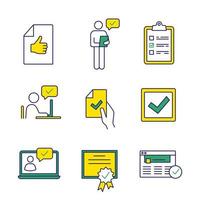 Approve color icons set. Approval document, person checking, checklist, approval chat, contract signing, checkbox, chatbot, certificate, approved website. Isolated vector illustrations