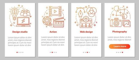 Design studio onboarding mobile app page screen with linear concepts. Action, web design, photography steps graphic instructions. UX, UI, GUI vector template with illustrations