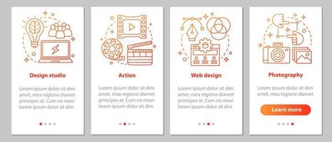 estudio de diseño que incorpora la pantalla de la página de la aplicación móvil con conceptos lineales. acción, diseño web, fotografía pasos instrucciones gráficas. ux, ui, plantilla vectorial gui con ilustraciones vector