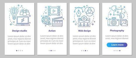 Design studio onboarding mobile app page screen with linear concepts. Action, web design, photography steps graphic instructions. UX, UI, GUI vector template with illustrations