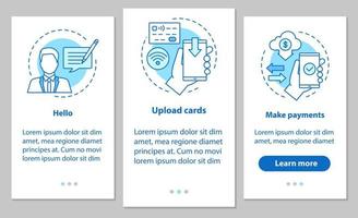 Mobile banking onboarding mobile app page screen with linear concepts. Support chat, credit cards uploading, making payments steps graphic instructions. UX, UI, GUI vector template with illustrations