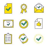 Approve color icons set. Document verification, award medal, email confirmation, certificate, check mark, review, checking process, quality badge, task planning. Isolated vector illustrations