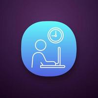 Working hours app icon. UI UX user interface. Worker. Freelance job. Person working with laptop. Web or mobile application. Vector isolated illustration