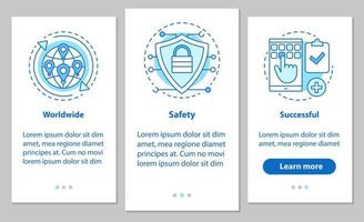 pantalla de la página de la aplicación móvil de incorporación de entrega y comercio con conceptos lineales. Instrucciones gráficas de pasos seguros y exitosos en todo el mundo. ux, ui, plantilla vectorial gui con ilustraciones vector