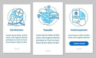 Taxi ordering onboarding mobile app page screen with linear concepts. Get direction, transportation, instant pay steps graphic instructions. UX, UI, GUI vector template with illustrations