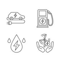 Electric energy linear icons set. Alternative energetic resources. Eco car, water and wind energy, electric vehicle charging station. Isolated vector outline illustrations. Editable stroke