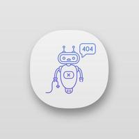 Not found error chatbot app icon. UI UX user interface. Talkbot with error 404 in chat box. Website error page online assistant. Modern robot. Web or mobile application. Vector isolated illustration