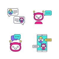 conjunto de iconos de colores de chatbots. asistentes virtuales. bots de mensajería y chat. robots modernos. chatbots de teléfonos inteligentes. ilustraciones de vectores aislados