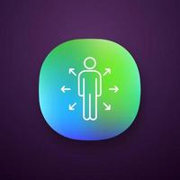 Decision management app icon. UI UX user interface. Key person. Channels of communication. Leader. Career opportunities. Person with arrows. Web or mobile application. Vector isolated illustration