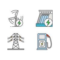 Electric energy color icons set. High voltage electric line, wind and water energy, electric vehicle charging station. Isolated vector illustrations