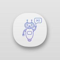 Chatbot saying hi app icon. UI UX user interface. Talkbot greeting user. Virtual assistant. Online helper. Modern robot. Web or mobile application. Vector isolated illustration