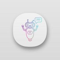 Help chatbot app icon. UI UX user interface. FAQ chat bot. Bewildered robot with question marks in speech bubble. Web or mobile application. Vector isolated illustration