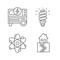 Electric energy linear icons set. Portable power generator, compact fluorescent lamp, geothermal and nuclear energy. Thin line contour symbols. Isolated vector outline illustrations. Editable stroke