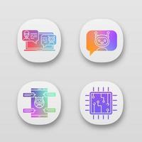 Chatbots app icons set. UI UX user interface. Virtual assistants. Messenger and chat bots. Processor. Modern robots. Smartphone chatterbots. Web or mobile applications. Vector isolated illustrations