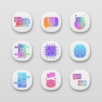 Chatbots app icons set. UI UX user interface. Talkbots. Support service, chat, messenger bots. Modern robots. Digital brain and processor. Web or mobile applications. Vector isolated illustrations