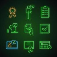 Approve neon light icons set. Check mark, manager, checklist, approved chat, contract signing, checkbox, certificate, browser verification, chatbot. Glowing signs. Vector isolated illustrations