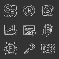 Bitcoin cryptocurrency chalk icons set. Bitcoin exchange, fintech, market growth chart, mining software, digital wallet, key, binary code. Isolated vector chalkboard illustrations